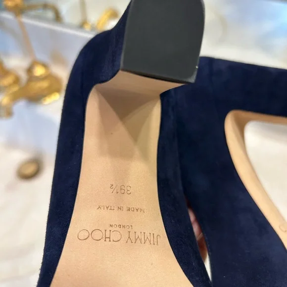 Jimmy Choo Navy Suede Chunky Heel Pumps, Like New, Sz 39 1/2 - Picture 8 of 13